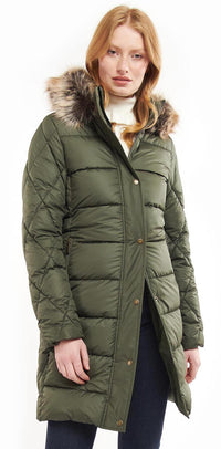 Olive quilt jacket front view with faux fur hood trim and buttoned closure