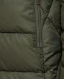 Olive quilt jacket close-up of center zipper and stitched panel seams