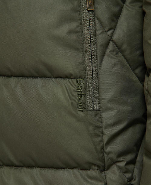 Olive quilt jacket close-up of center zipper and stitched panel seams