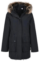 Dark navy waterproof parka with faux-fur trimmed hood and dual front pockets