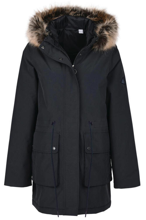 Dark navy waterproof parka with faux-fur trimmed hood and dual front pockets