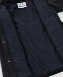 Waterproof navy parka jacket with full-length zip and snap pocket flap