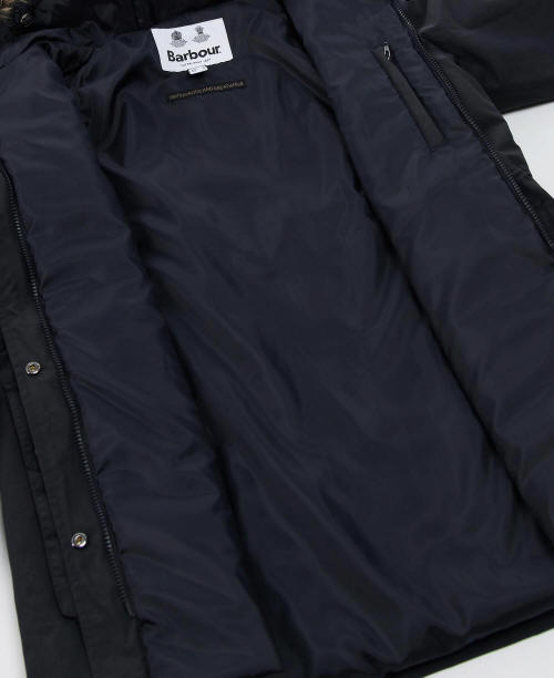 Waterproof navy parka jacket with full-length zip and snap pocket flap
