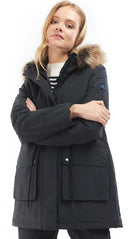 Dark navy waterproof parka jacket with faux-fur hood trim and front flap pockets