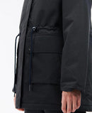 Waterproof navy jacket with drawstring waist and front pocket panels