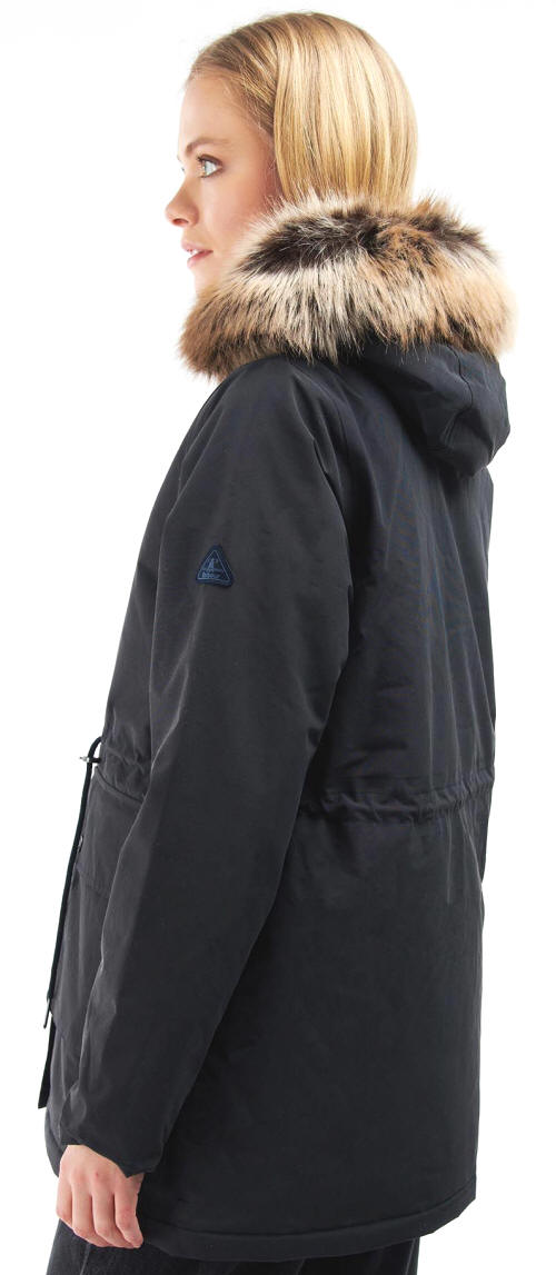 Dark navy parka jacket with faux-fur hood trim and drawstring pocket detail
