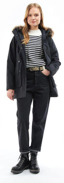 Women’s dark navy waterproof parka with faux-fur hood and front button placket