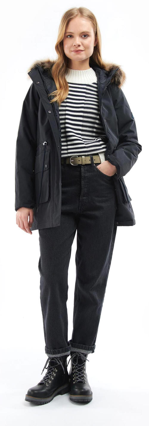 Women’s dark navy waterproof parka with faux-fur hood and front button placket