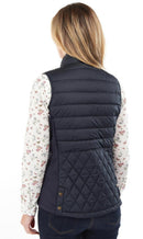Navy quilted gilet back view with stand collar and diamond stitch panels