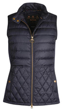 Navy quilted Barbour gilet with high collar, gold center zip, and button details