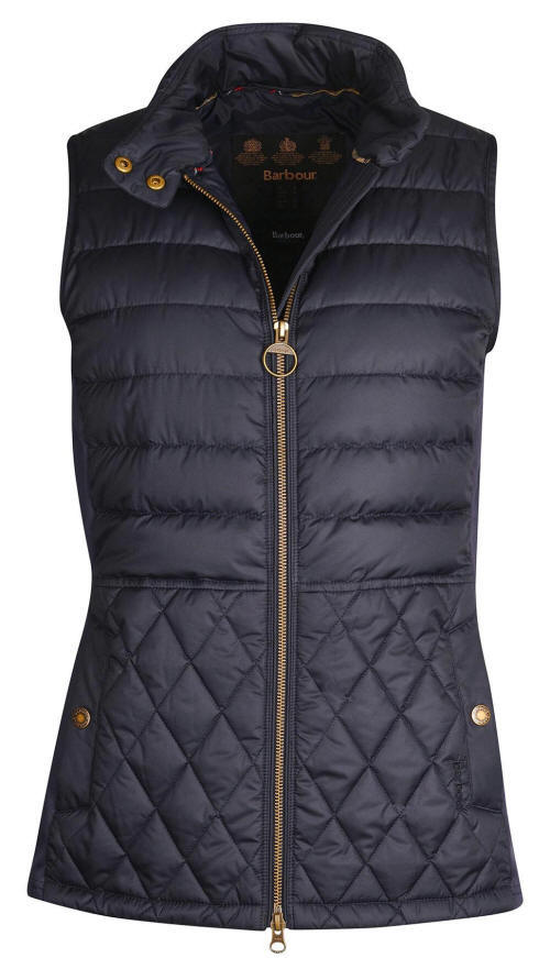 Navy quilted Barbour gilet with high collar, gold center zip, and button details