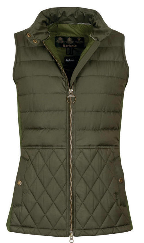 Olive sleeveless gilet vest with front zip, stand collar, and diamond quilting