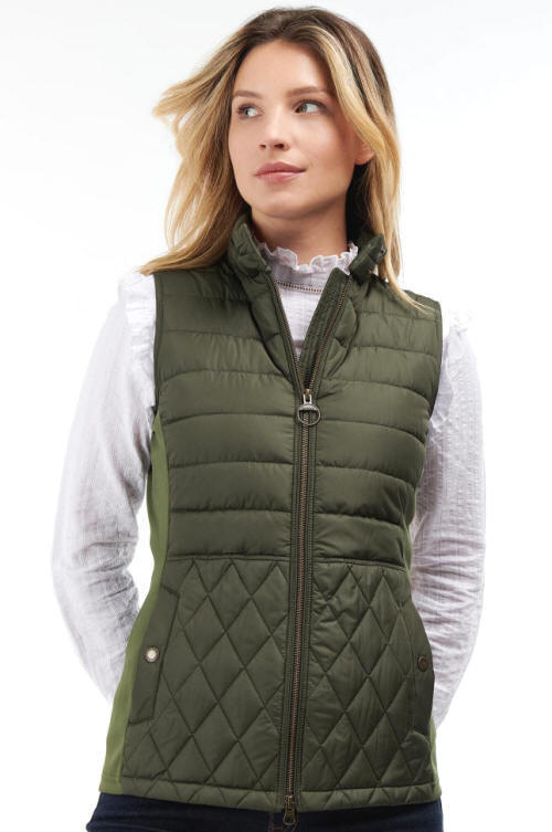 Olive padded gilet vest with front zip, diamond quilting, and high collar
