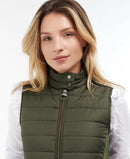 Olive padded gilet vest with high collar, front zip, and button detail