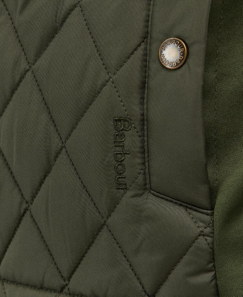 Olive quilted Barbour gilet vest with front zip and diamond pattern