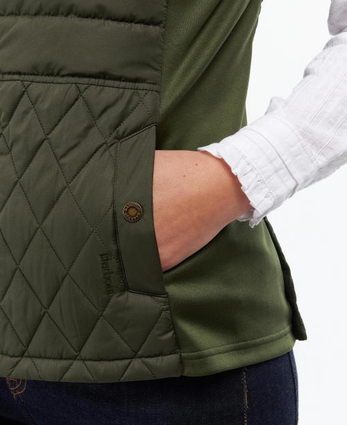 Olive quilted gilet vest with side pocket and buttoned tab detail