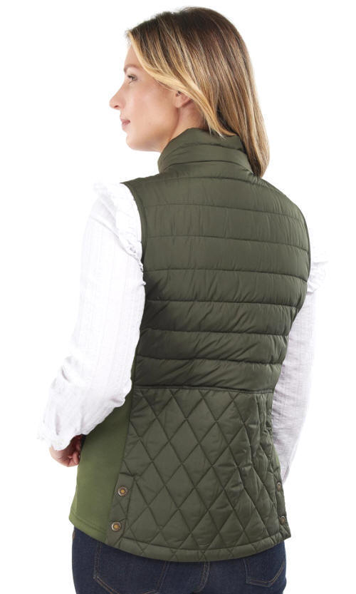 Olive quilted gilet vest with high back, angled seam quilting, and side buttons