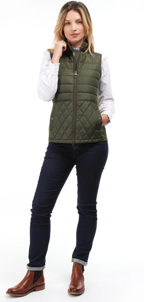 Olive quilted gilet vest with front zip, diamond quilting, and side pockets
