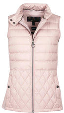 Pastel pink quilted gilet with zip closure, stand collar, and diamond stitch panels