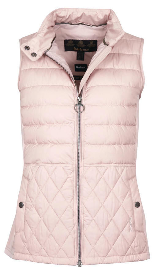Pastel pink quilted gilet with zip closure, stand collar, and diamond stitch panels
