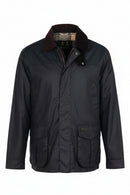 Men's navy wax jacket laid flat with brown inner collar and two front pockets