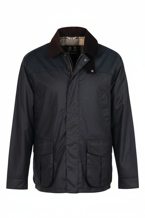 Men's navy wax jacket laid flat with brown inner collar and two front pockets