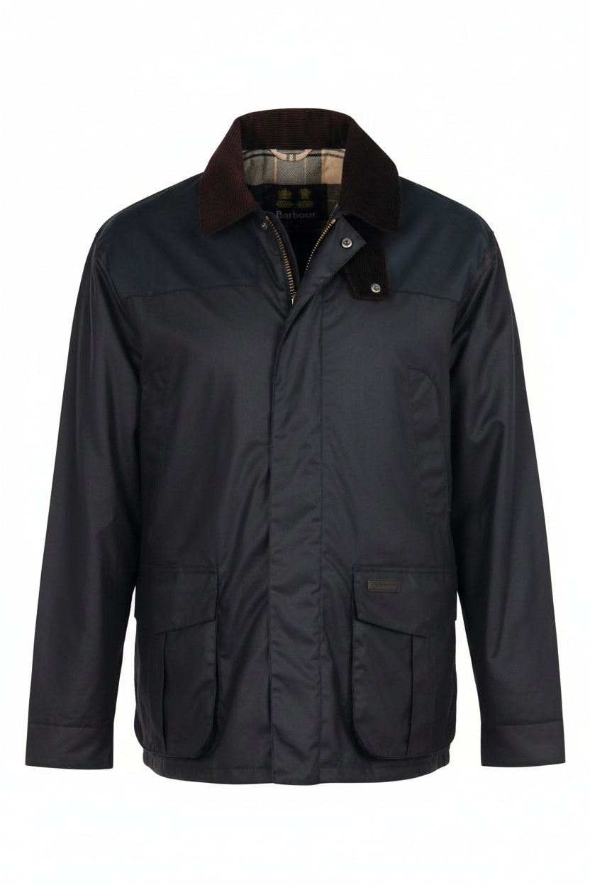 Men's navy wax jacket laid flat with brown inner collar and two front pockets
