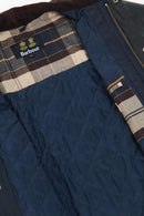 Men's navy wax jacket with Barbour lining and zip front, plaid inner collar detail