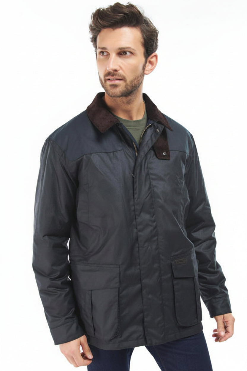 Men's navy wax jacket in 3/4 view with dark brown collar and flap pockets