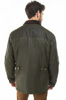 Barbour wax jacket in olive green, back view with snap pockets and button collar