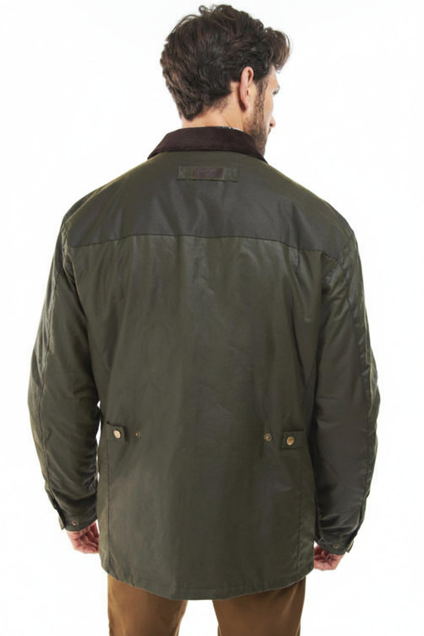 Barbour wax jacket in olive green, back view with snap pockets and button collar