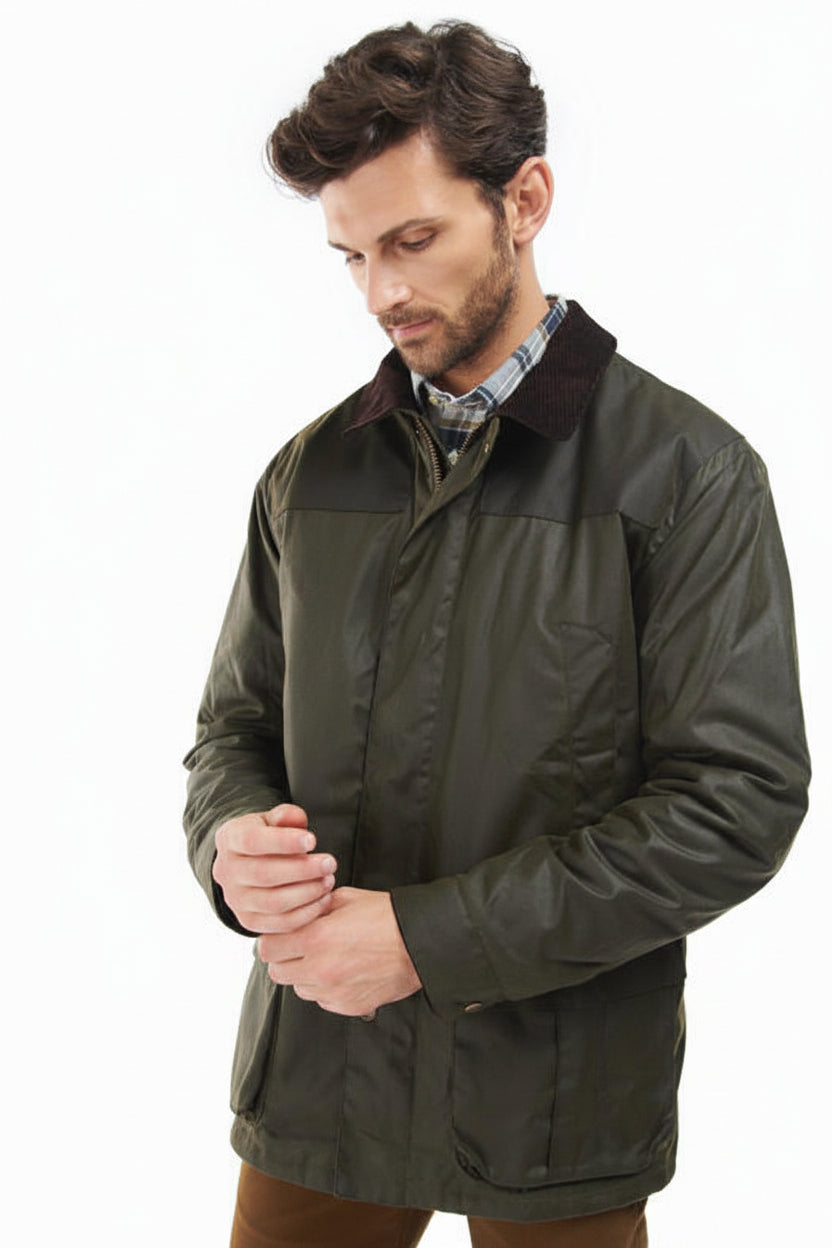 Barbour wax jacket in olive green, front view with zip front and chest flap pockets