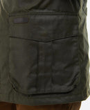 Olive wax jacket side pocket with Barbour label patch and stitched flap