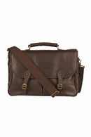 Barbour leather briefcase, dark brown, with shoulder strap across front flap