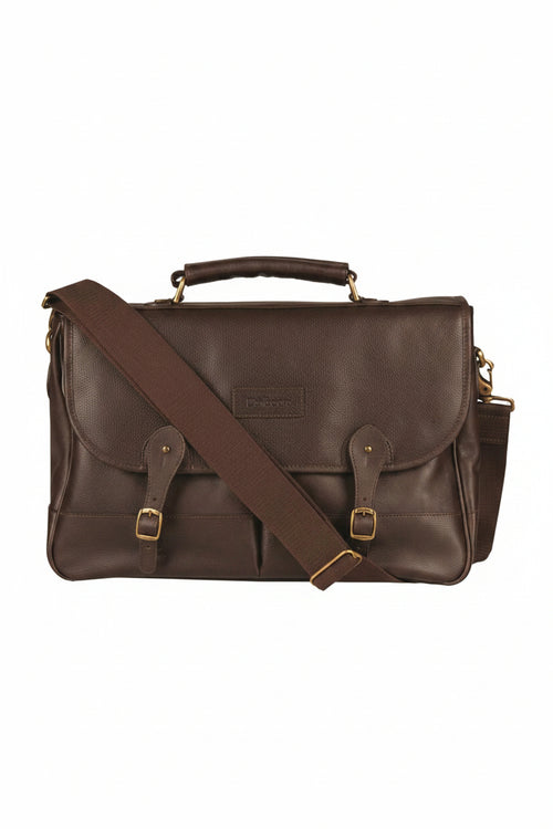 Barbour leather briefcase, dark brown, with shoulder strap across front flap
