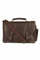 Barbour leather briefcase in dark brown with front flap and double buckle straps