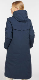 Navy waterproof long jacket back view with hood and storm flap