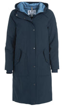 Navy waterproof long parka jacket with hood, button front, and chest label