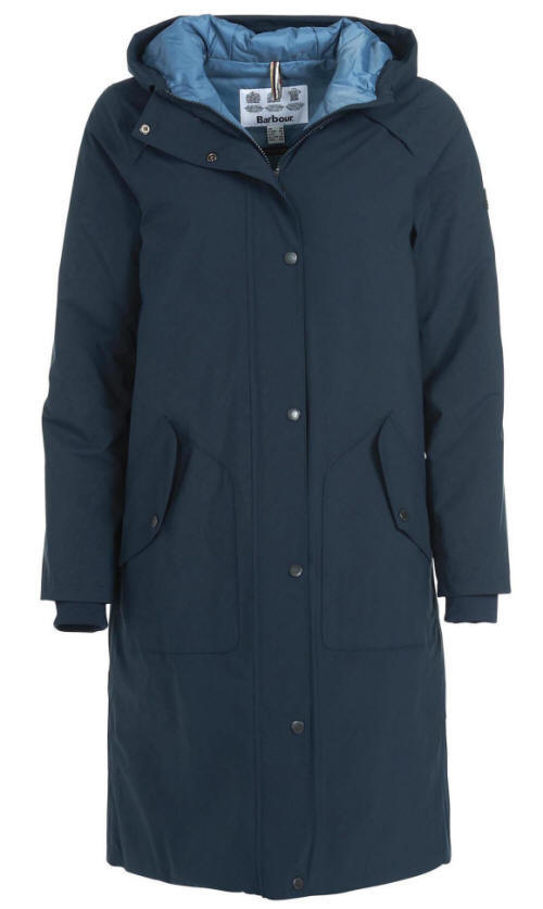 Navy waterproof long parka jacket with hood, button front, and chest label