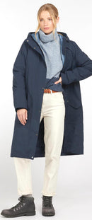 Navy waterproof long jacket with hood, front pockets, and button front