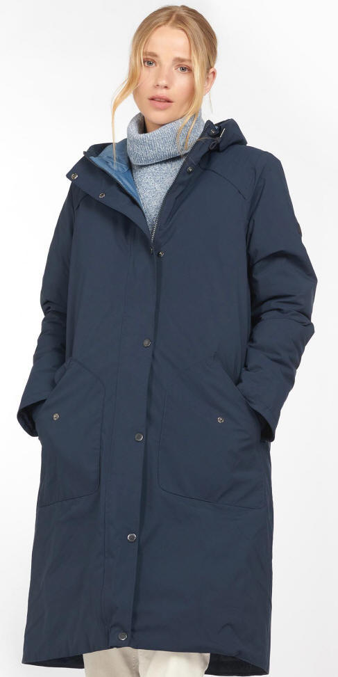 Navy waterproof long jacket with hood and button front, side pockets visible