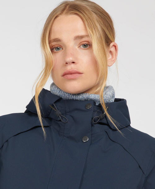 Navy waterproof jacket with hood, front snap placket, and stand collar