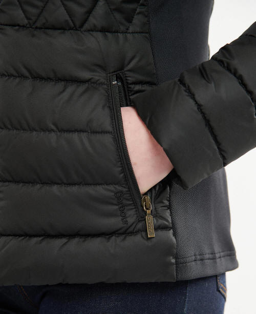 Black quilted jacket front zip with logo pull tab