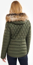 Olive quilted jacket back with fur-trimmed hood and diamond quilting