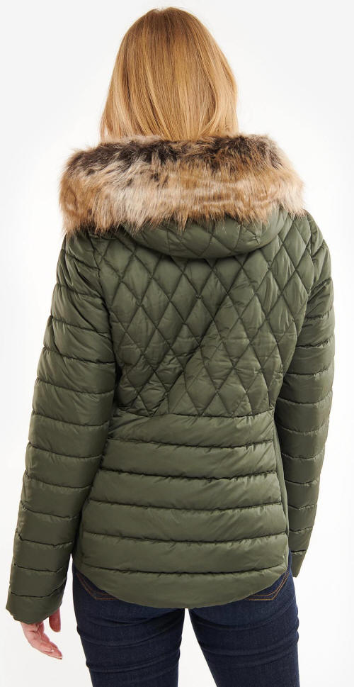 Olive quilted jacket back with fur-trimmed hood and diamond quilting