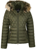 Olive quilted jacket with fur-trimmed hood and zipper placket