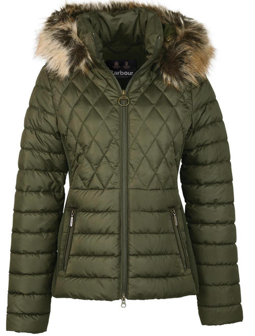 Olive quilted jacket with fur-trimmed hood and zipper placket