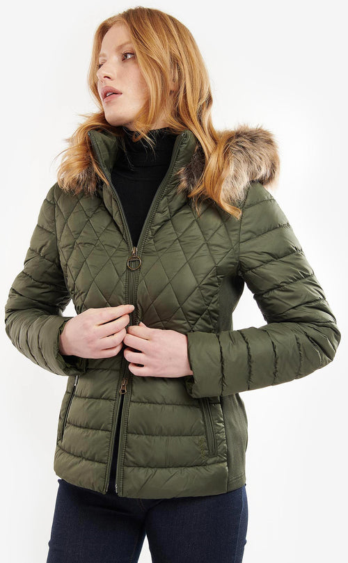Olive quilted jacket with fur-trimmed hood and stand collar