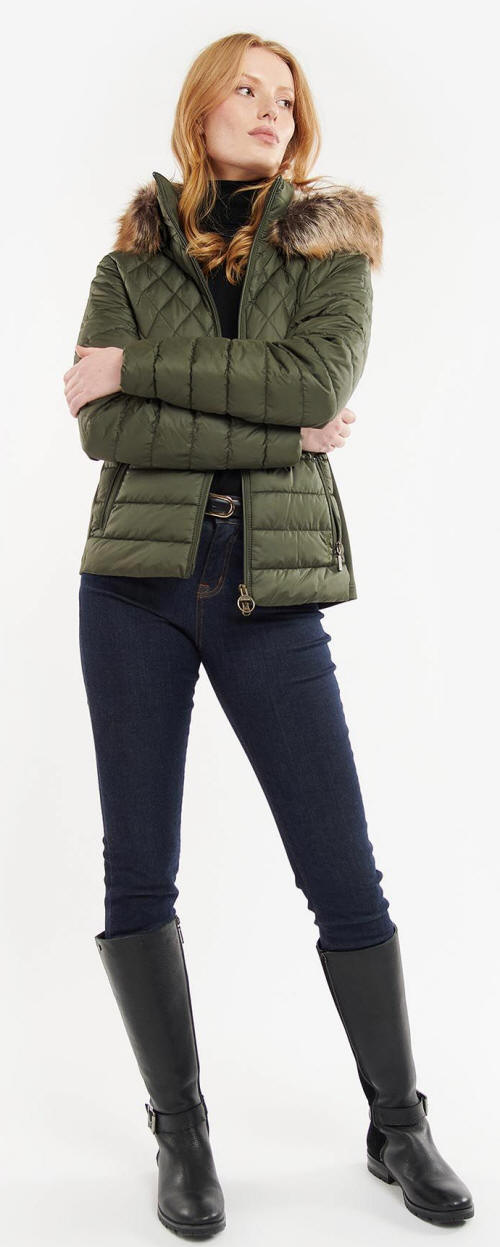 Olive quilted jacket with fur-trimmed hood, front zip, and hand pockets