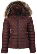 Barbour quilted jacket in dark maroon with full zip and faux-fur trimmed collar